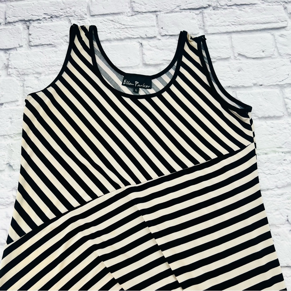 Ellen Parker L Tank Maxi Dress Black and Tan Striped Asymetrical Chiffon Trim - Picture 2 of 8